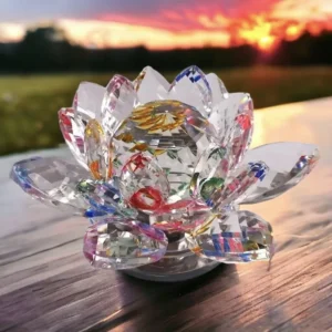 Fengshui crystal lotus flower placed on home altar for prosperity