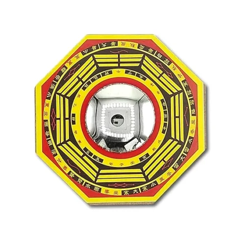 Feng-Shui Pakua Bagua Convex Mirror with wooden frame and eight trigrams used for protection against negative energy, ideal for outdoor placement above entrance.