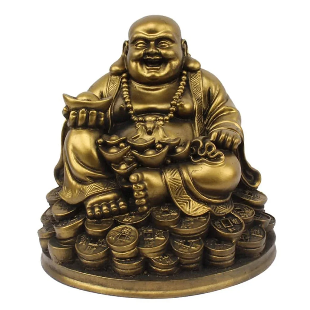 "Laughing Buddha Fengshui Figurine Sitting on Money Coins Holding Golden Ingot – Symbol of Wealth and Good Luck"