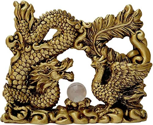 Golden Feng Shui Dragon and Phoenix figurine with a crystal ball, symbolizing love, harmony, power, and prosperity – ideal for home, office, and vastu feng shui decor